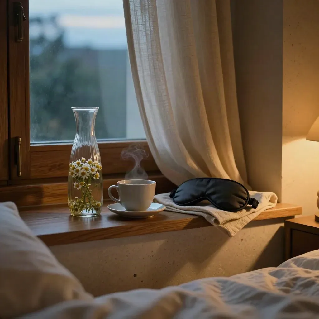 Slaapkamer met karaf, kamillethee en slaapmasker bij schemering achter halfopen gordijnen.