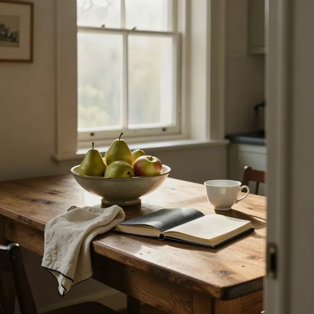 Keukentafel met fruit, journal, theekop en open raam in zacht ochtendlicht.